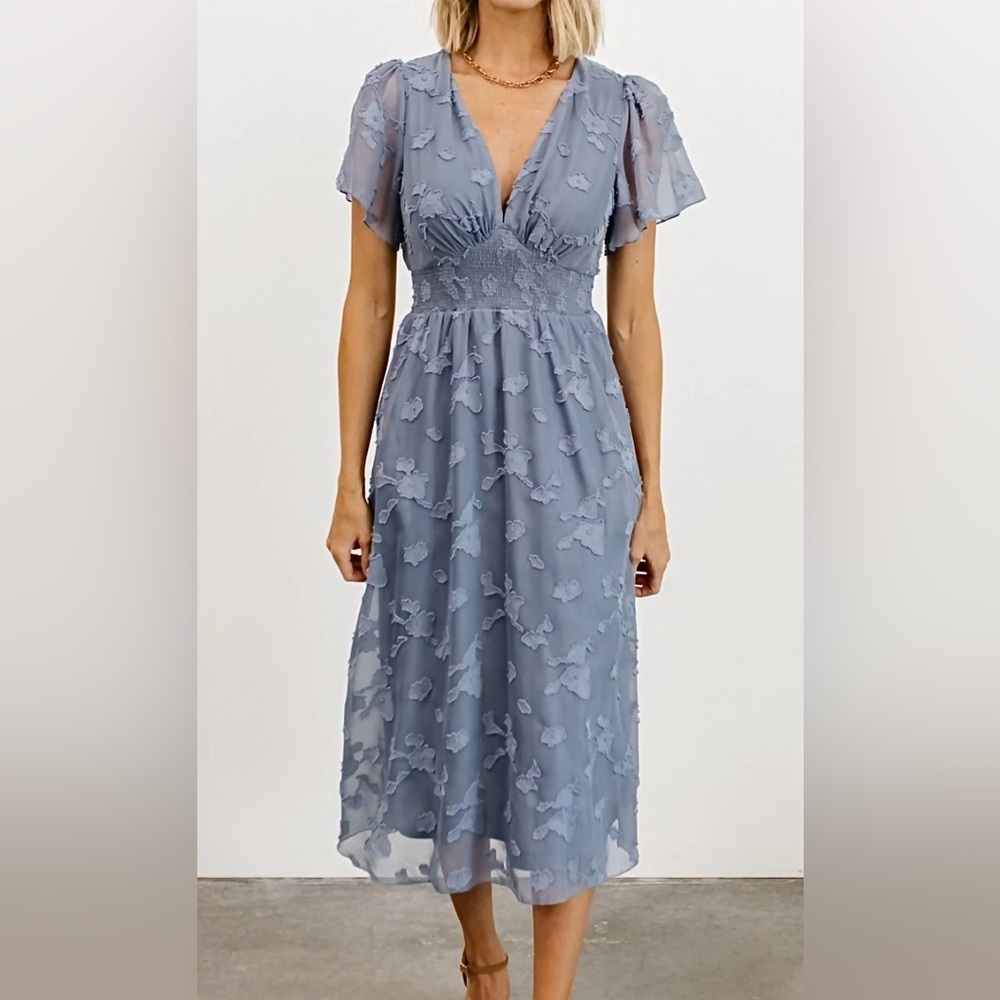Baltic Born June Blue Rose Print Smock Flutter Sleeve Midi Dress